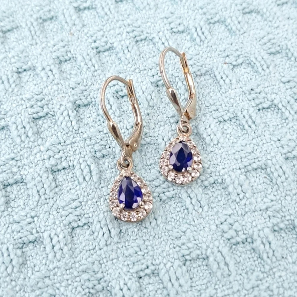 Natural Blue Spinel & White Zircon Halo Dangle Earrings In 925 Sterling Silver - Picture 3 of 7